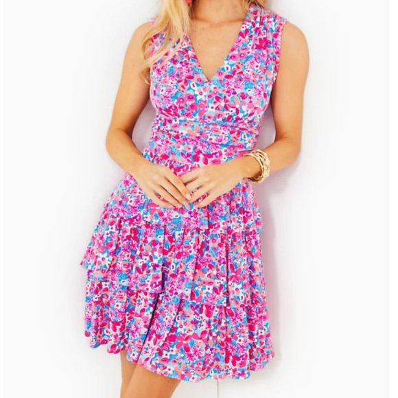 Lilly Pulitzer Faye V-Neck Ruffle Dress Aura Pink Baby Bloomer - Picture 1 of 10